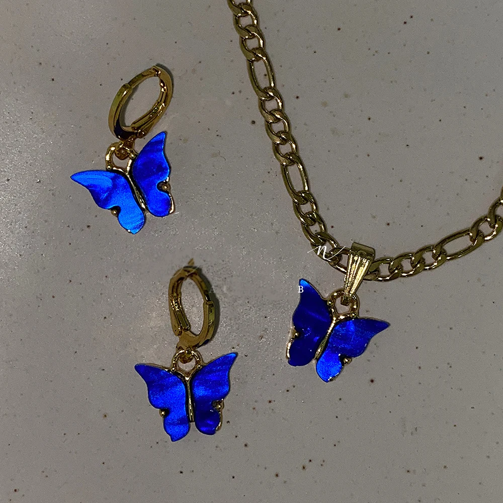 

ZHOUQIAN Vintage Acrylic Dark Blue Butterfly Pendant Earrings Necklace Combination Sets For Women Sweet Style Alloy Chain