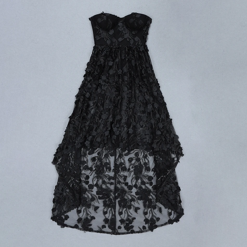 

Summer New Black Women's Long Dress Sexy Strapless Applique Sequined Perspective Dress Celebrity evening Runway Party Vestidos