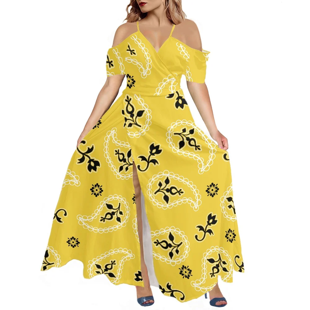

Женское пляжное платье-бандана, желтая длинная юбка с глубоким V-образным вырезом спереди и сзади, с открытыми плечами и короткими рукавами, ...