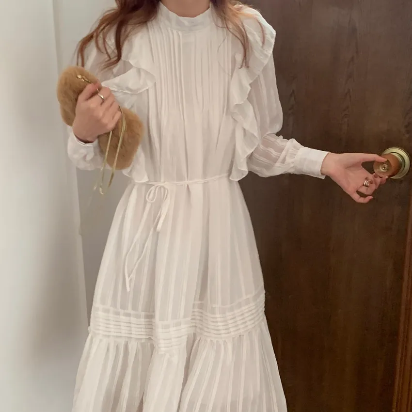 

2021 Spring Fall New French Retro Pleated Lace Up Ruffle Midi Dress Woman Long Sleeve Vintage Ruched Ladies Sweet Clothing