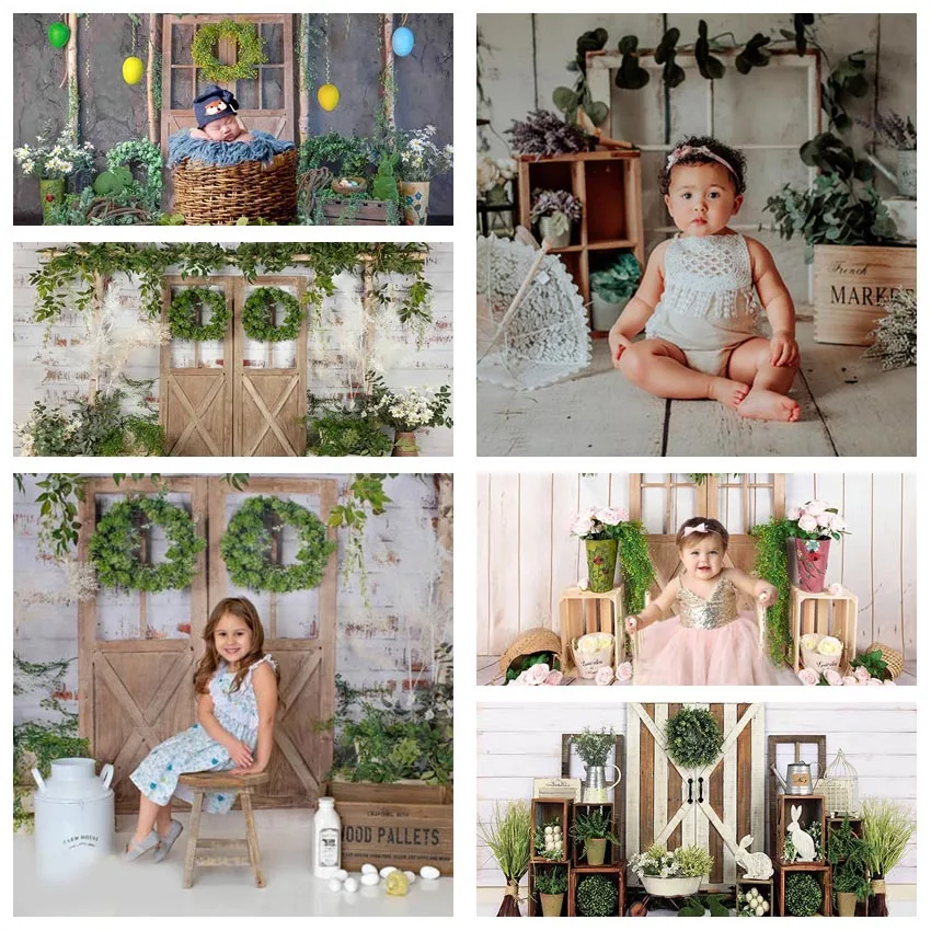 

Mehofond Spring Photography Backdrop Easter Green Grass Wood Door Rabbit Child Portrait Photo Background Studio Photophone Props