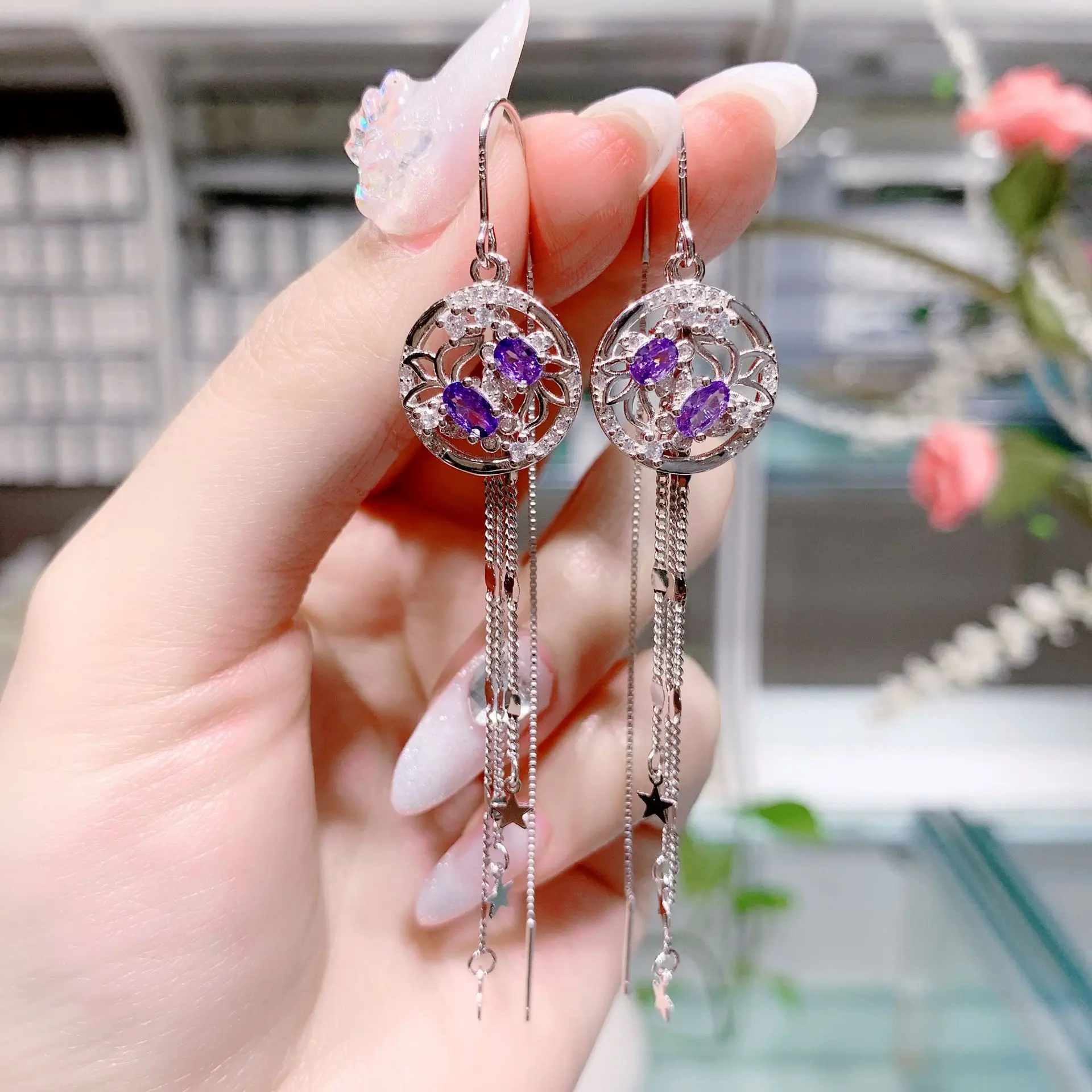 

s925 sterling silver long tassel earrings simple blue crystal goldfish ear line temperament modification face earrings