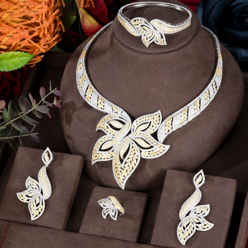 

KellyBola Africa Bridal Wedding Jewelry Sets Luxury Noble Leaf Gold Necklace Earrings Rings Bracelets Jewellery High Quality