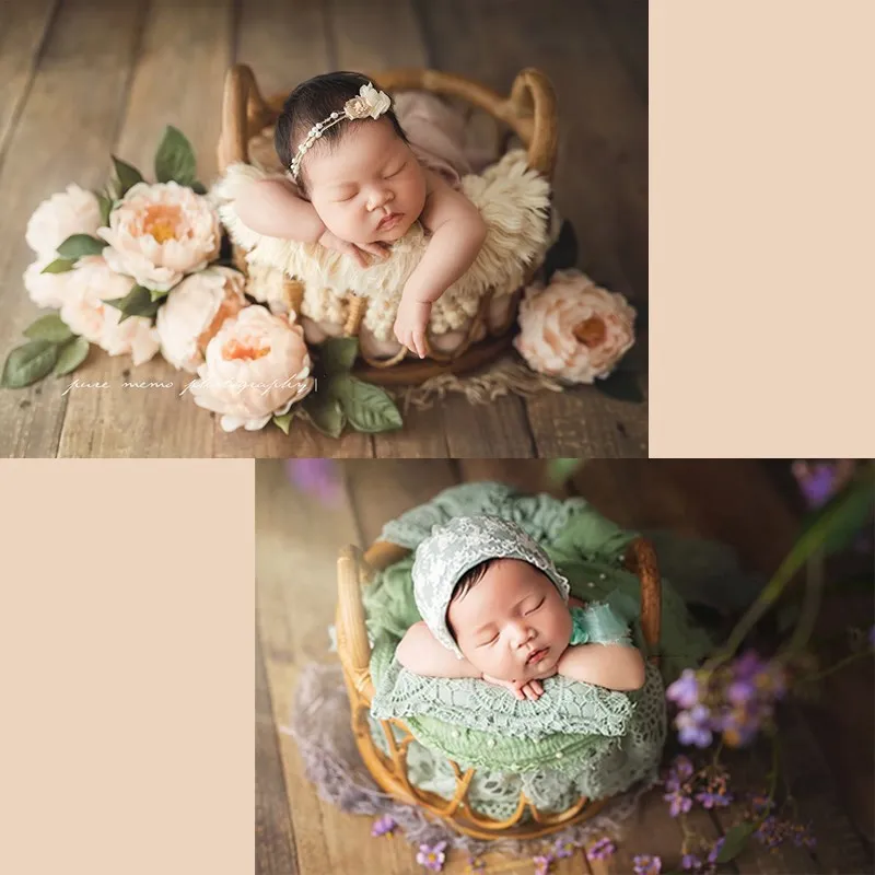 New Newborn photography props Retro Rattan Round Basket Lying Container Baby Shooting Decoration Supplies Studio Props Kids Toys