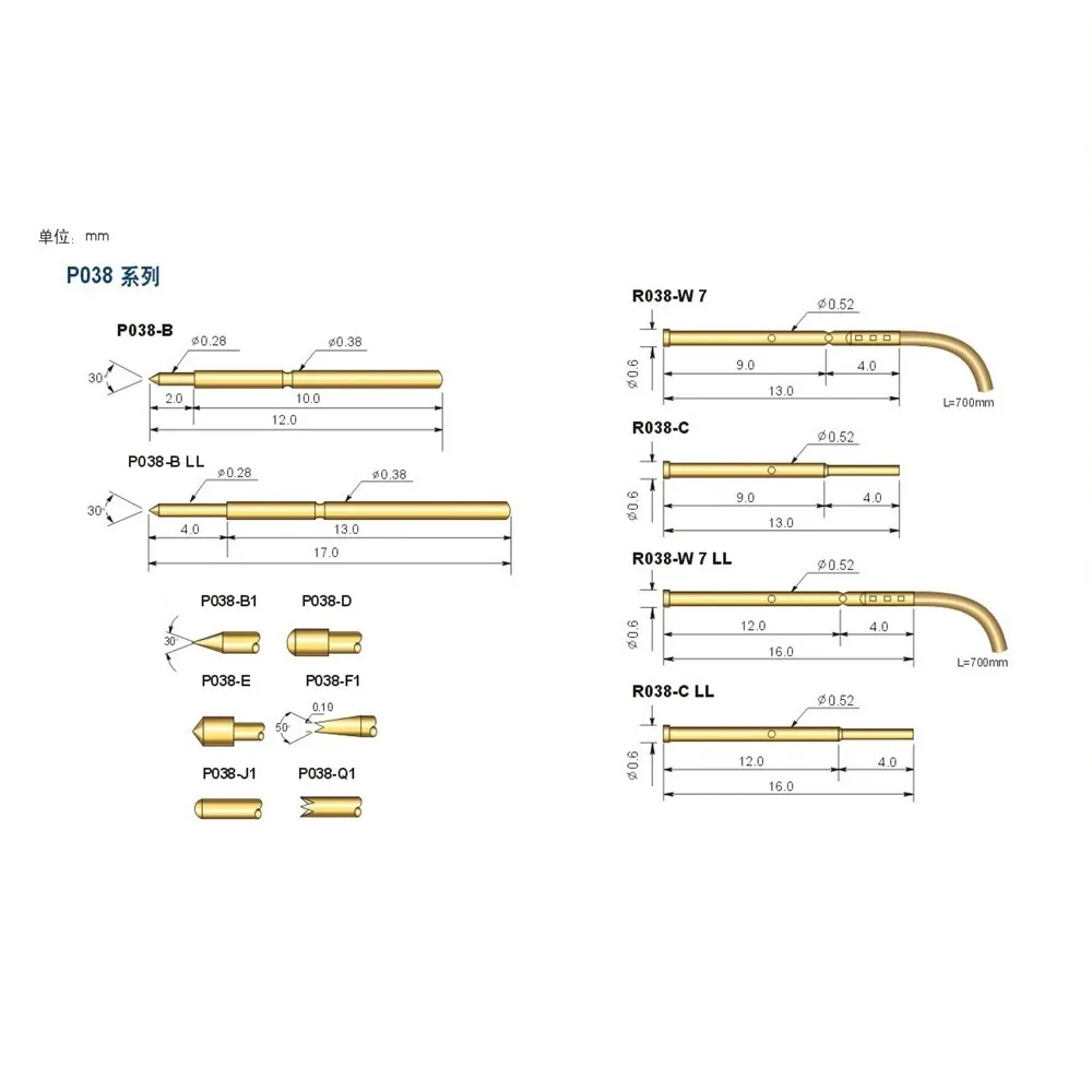 

100pcs Spring Loaded Test Probe P038 R038 Bare PCB Testing Pogo Pin Gold Plated TIP styles Sockets