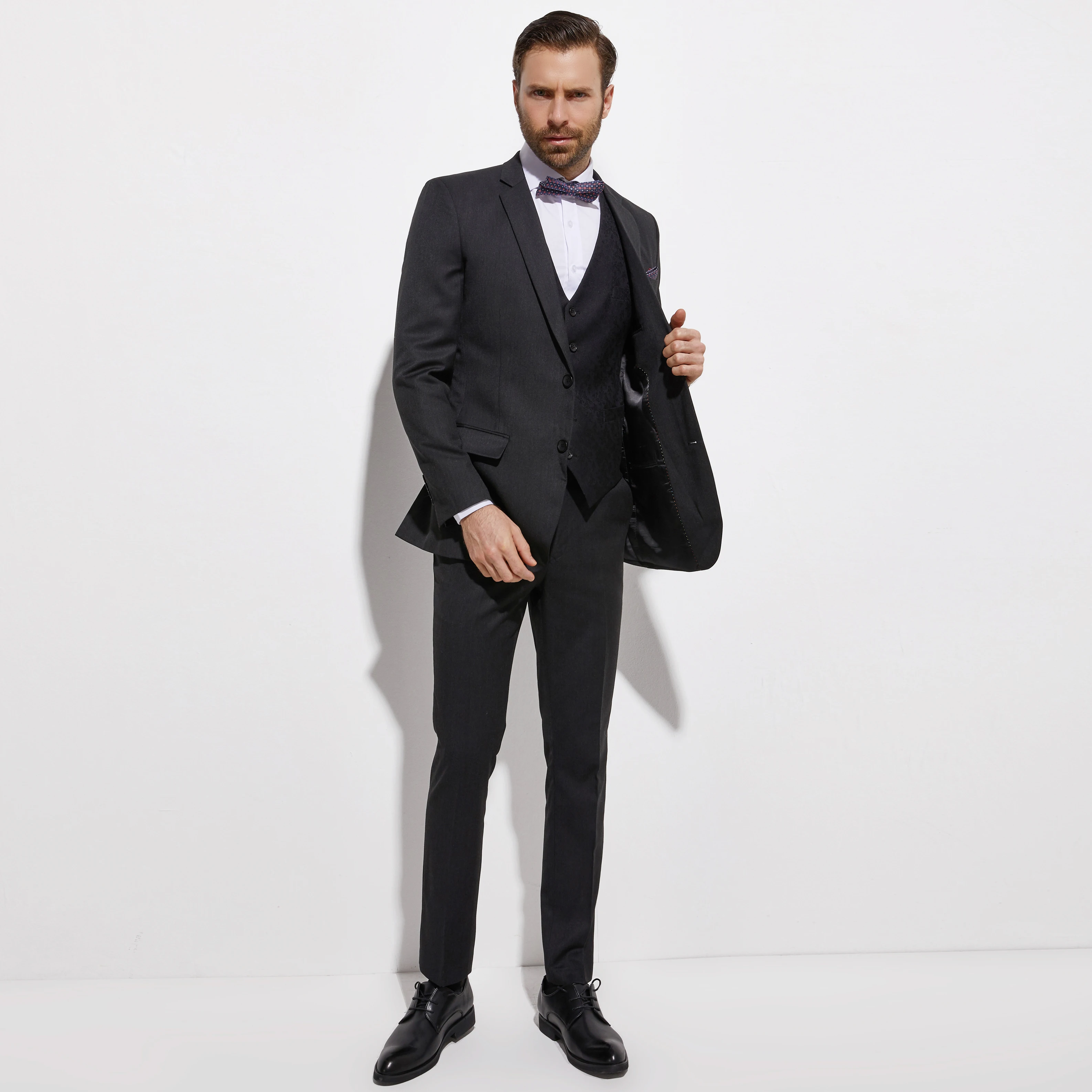 2020 приталенный темно-серый костюм для жениха с жаккардовым жилетом 3 предмета на