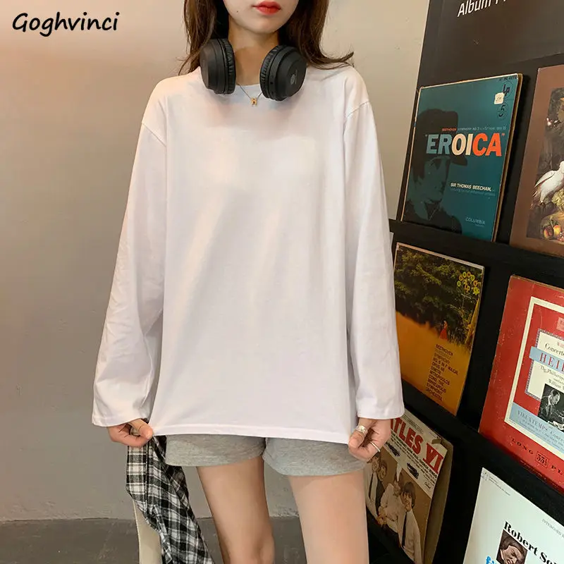 Футболка женская хлопковая с длинным рукавом универсальная свободная простая