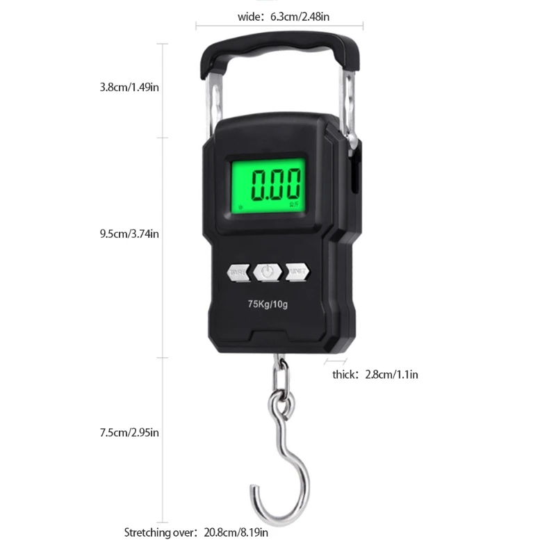 

Fishing Scales 165lb/75kg Electronic Weighing Balance Digital Hanging Hook Scale Backlit LCD Screen Measuring Scales Batteries