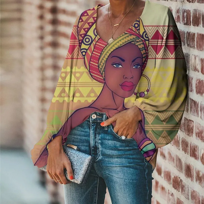 

Hot Selling Women Chiffon Blouse Black Afro Women Print V-Neck Lady Tops And Shirts Femme Beach Casual Clothes Roupas Femininas