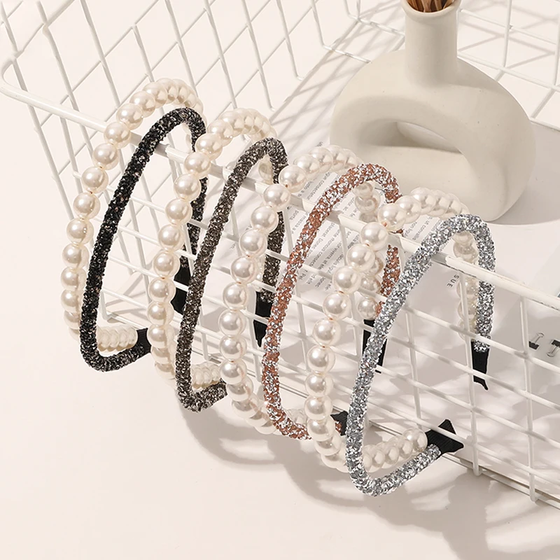 

Full Rhinestone Thin Head Hoop Shiny Elegant Hair Accessories Double-layer Headband Pearl Crystal Hair Hoop Baroque Hairbands