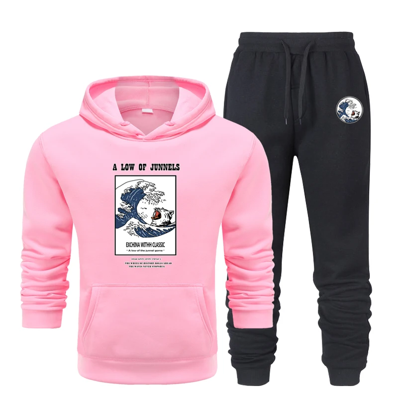 

One Piece Anime Mens Sets Hoodies Pants Surfing the cat Hoody Sweatshirt Pant Autumn Winter Casual 2 Pieces Sweatpants Hoodie