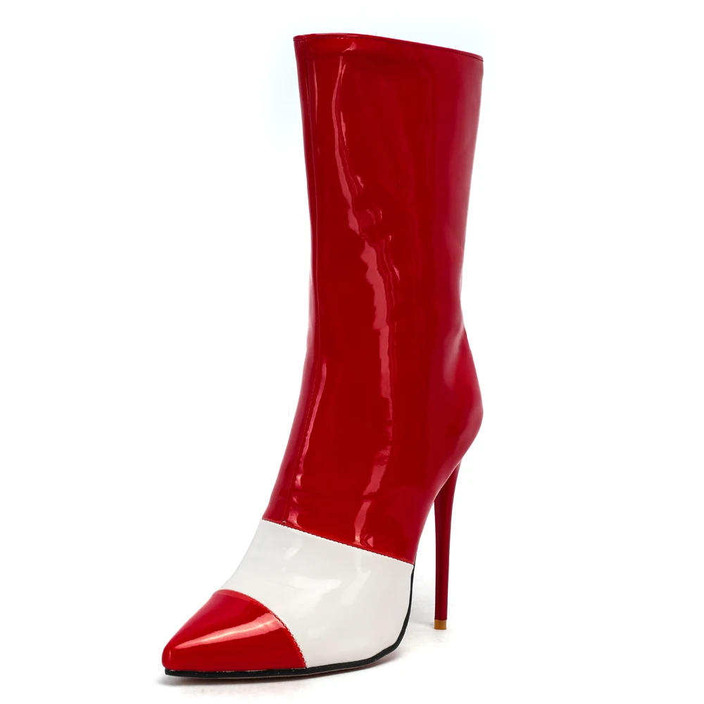 

Остроносые лакированные кожаные сапоги до середины икры на очень высоком каблуке с подбором цветов пикантные сшитые сапоги на высоком каблуке для танца шеста