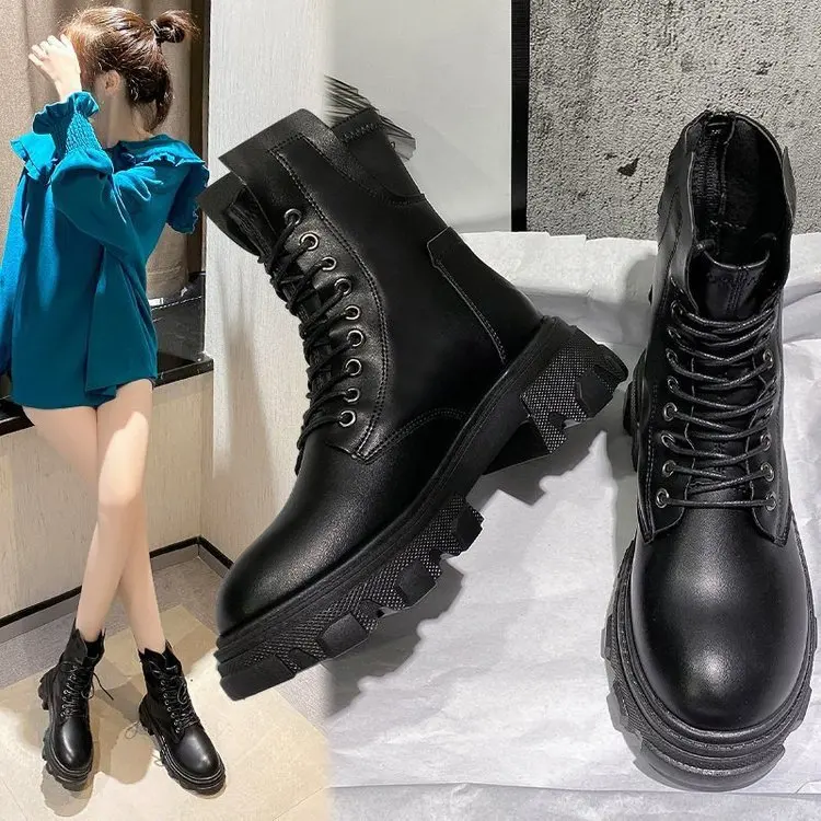 

HOKSZVY Women's Boots 2021 Winter Models Thick-soled Thin Single Boots Fashion Lace-up Back Zipper Black Ankle Boots HYGC
