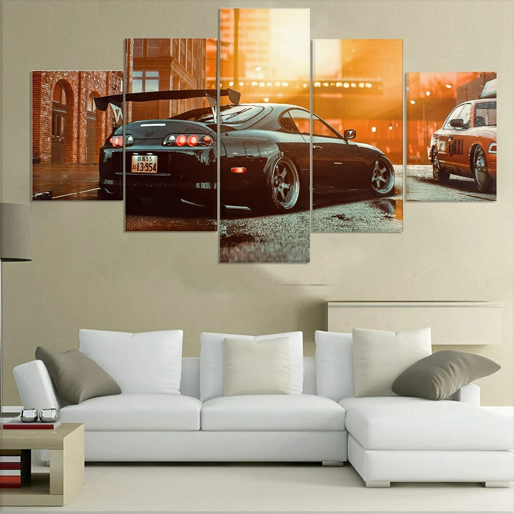 

No Framed Canvas 5Pcs Toyota Supra Black Classic Car Wall Art Posters Pictures Home Decor Accessories For Living Room Paintings