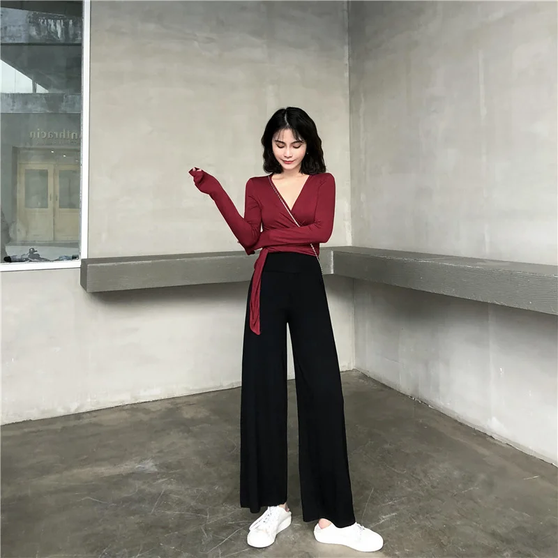 

Women's Casual suit black red V-Neck long Sleeve slim Top black gray High Waist Wide Leg Pants Sweet street suit wear in Summer