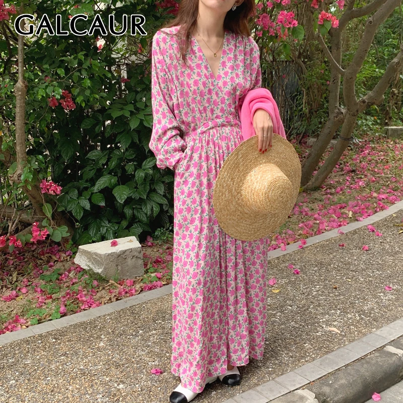 

Платье GALCAUR женское до щиколотки, милое платье с цветным принтом, с V-образным вырезом, длинным рукавом и высокой талией, модная одежда в Коре...