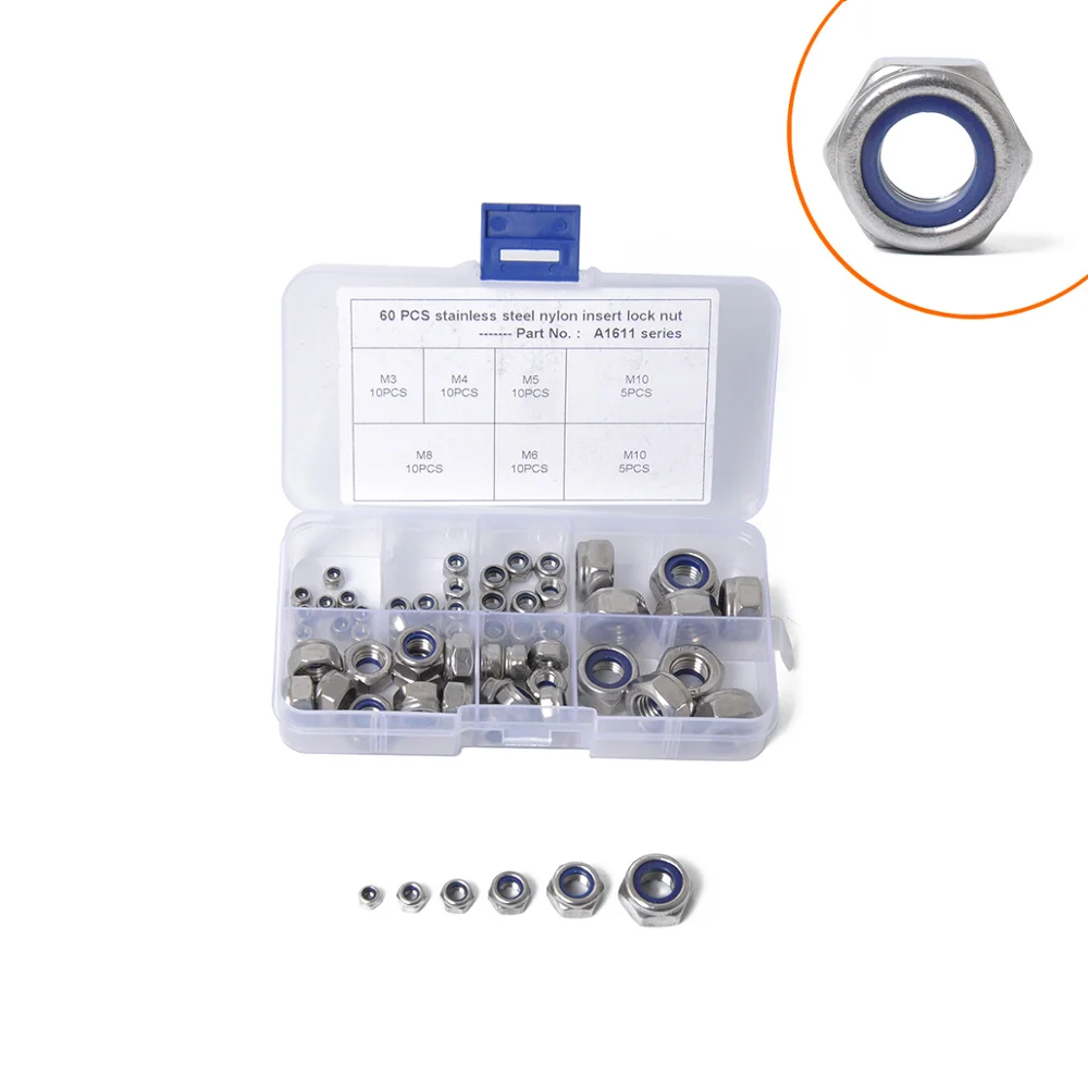 

60Pcs/set Nylon nut stainless steel non-slip anti-loosening hexagonal self locking nut M3 M4 M5 M6 M8 M10