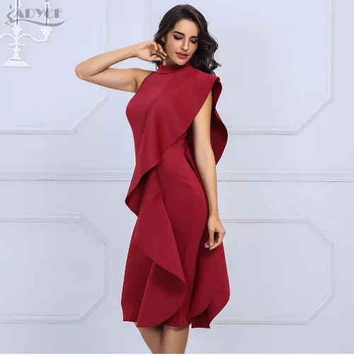 

2021 Solid Color Ruffled Dress Elegant Mid-calf Dresses for Women Party Stand Collar Sleeveless Evening Dress 6 Colors