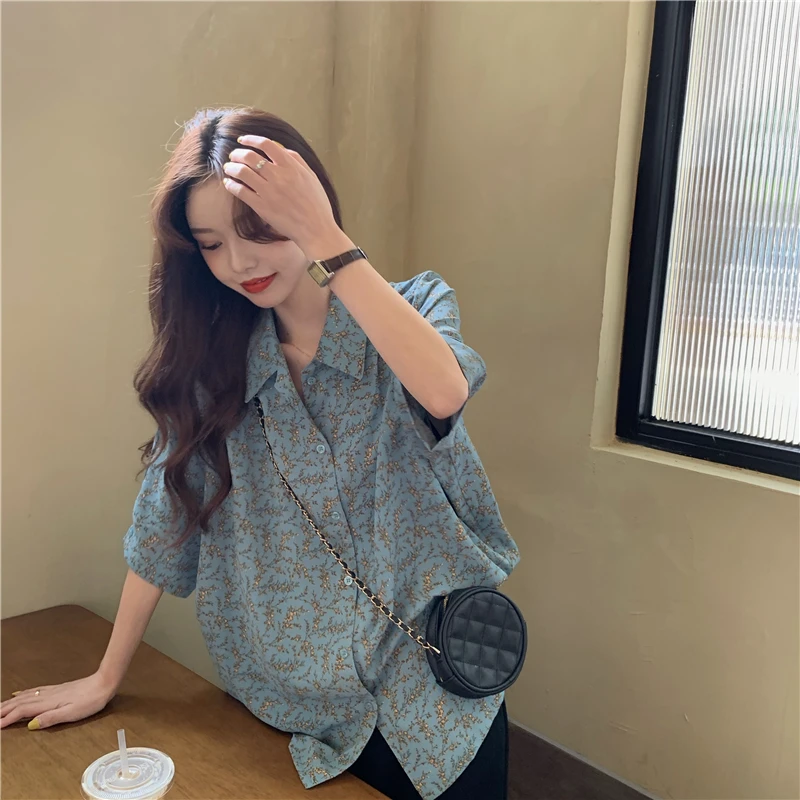 

Flower Pattern Vintage 4 Size S-xl Loose Chiffon Short Sleeve Thin Loose College Wind 2021 Summer Women Shirt