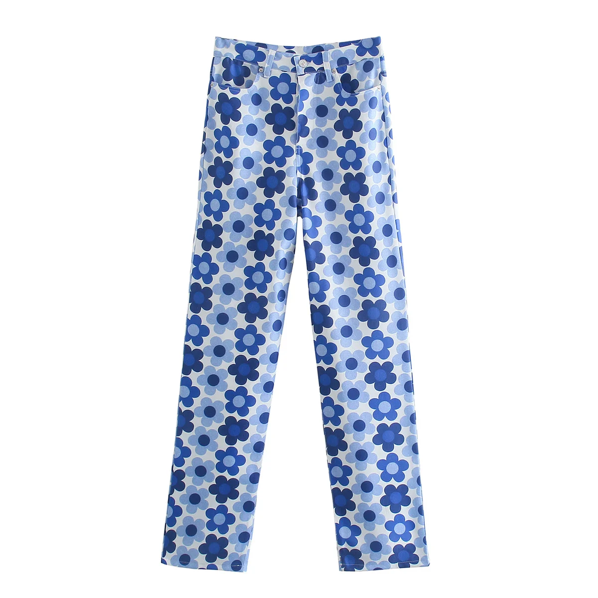 

KRSB Summer Women's Blue Flower Print Tube Top Strap Bow Tie Short Top Straight Trousers Chic Design Suit Holiday Style