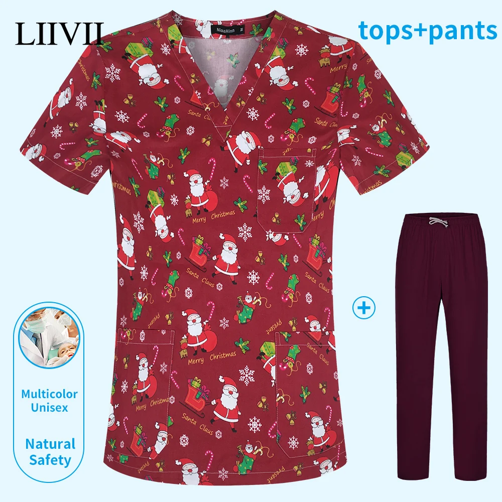 

Short Sleeve Christmas Printed Nursing Uniforms Hospital Medical Uniform Surgical Scrub Nurse Uniform Pharmacist Working Clothes
