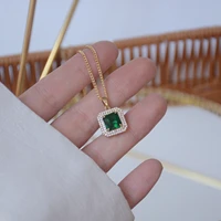 luxury 14k real gold plated square female necklace with emerald and zircon high end banquet party wear jewelry pendant