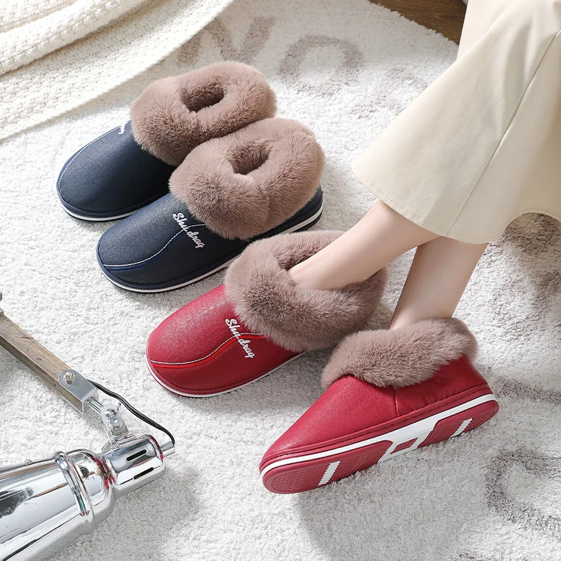 

Men's Woman Slippers For Autumn And Winter Warm Home Non-Slip Platform Shoes Plus Velvet Boots Leather For Men Faux Fur Shoes