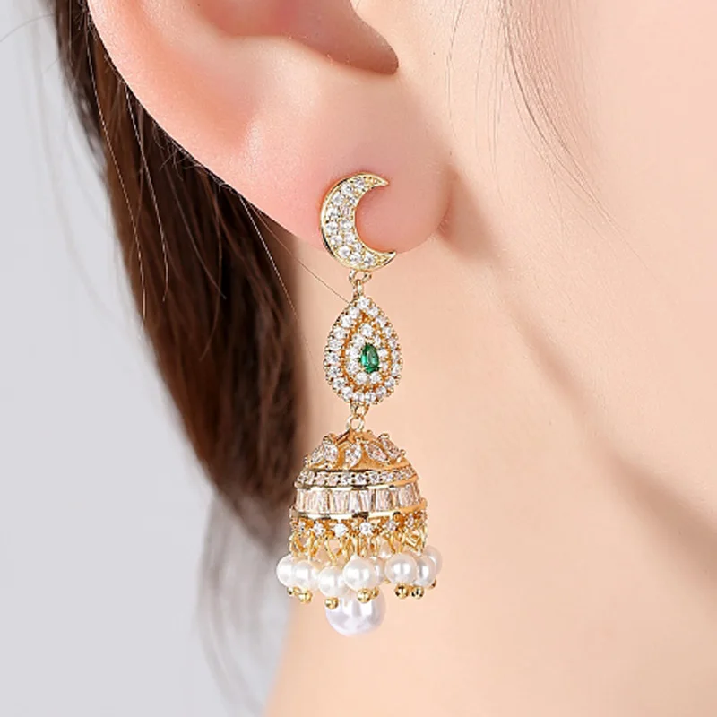 

Zlxgirl Luxury brand AAA Mirco Paved zircon Pearl moon water Drop Stud Earrings fashion Indian And Dubai gold wedding earrings