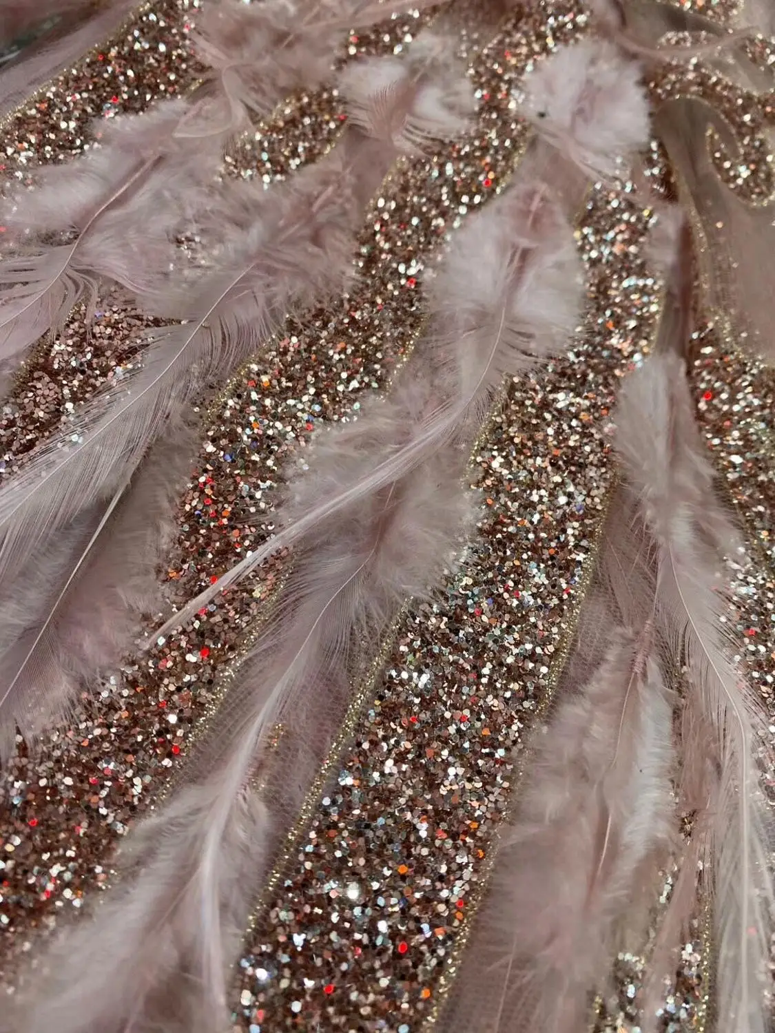 

nice looking glued glitter fabric with feather ZH-18988 good quality African lace fabric for shinning dress