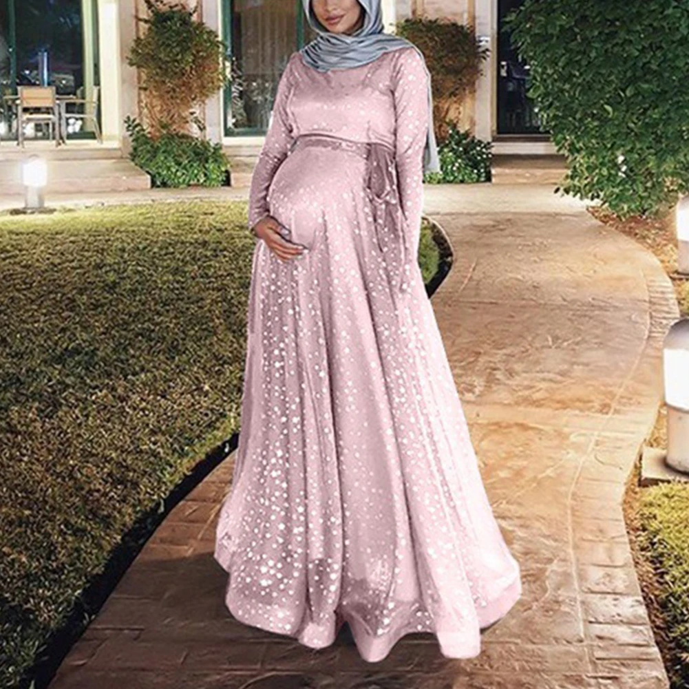 

Women Fashion Muslim Digital Print Polyester Long Sleeve Cocktail Long Maxi Party Gown Retro Maternity Dress Crew Neck Summer