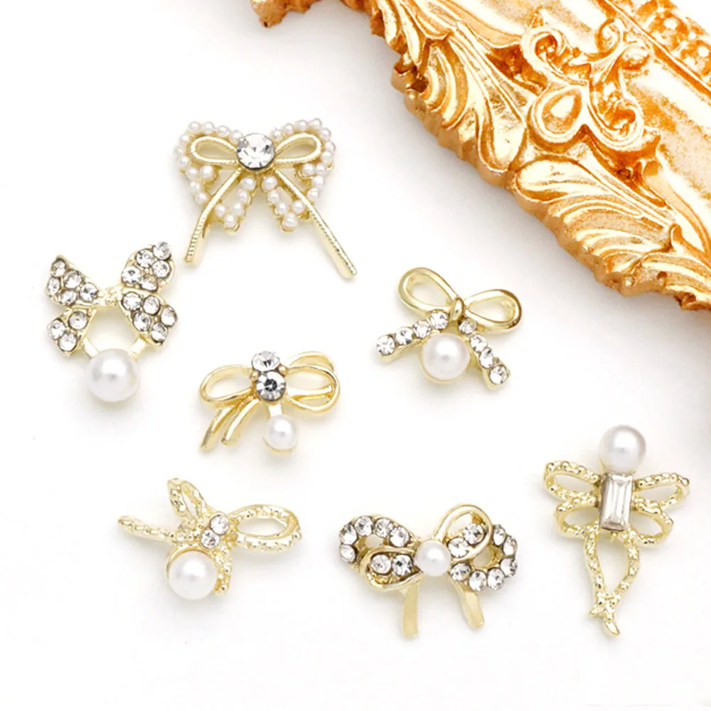 

10Pcs/lot 3D Bow Alloy Nail Art Jewelry Bowknot Pearl Nail Sticker Rhinestone Decorations 13*9cm Gold/Silver Accessories Charms