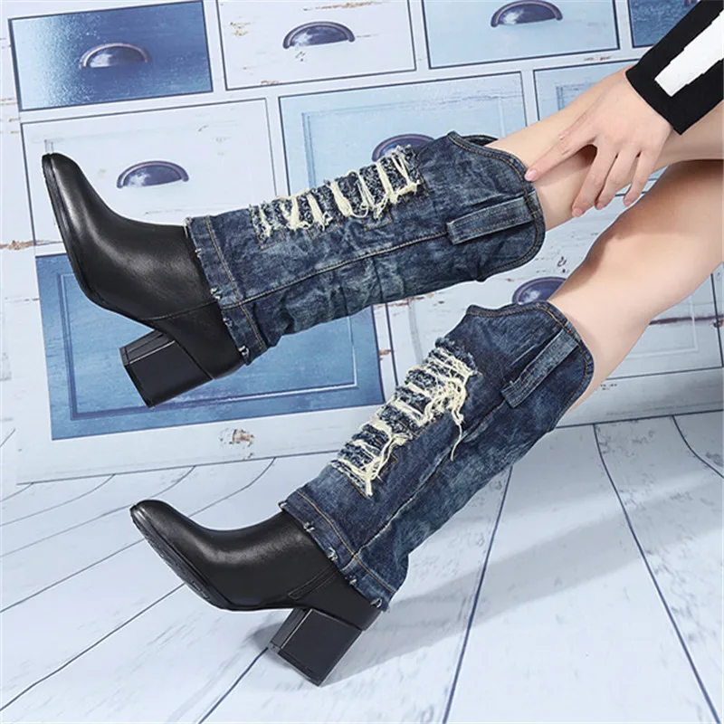 

Retro Handmade Women High Boots Mid-calf Denim Botas Mujer 6CM Chunky High Heel Autumn Bota Feminina Jean Shoes Riding Boots