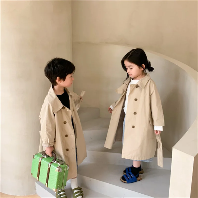 

2021 New Fashion Korean Style Fall Unisex Solid Color Belt Long Trench Coats Boys And Girls Cotton Oversized Casual Jackets 2-7Y
