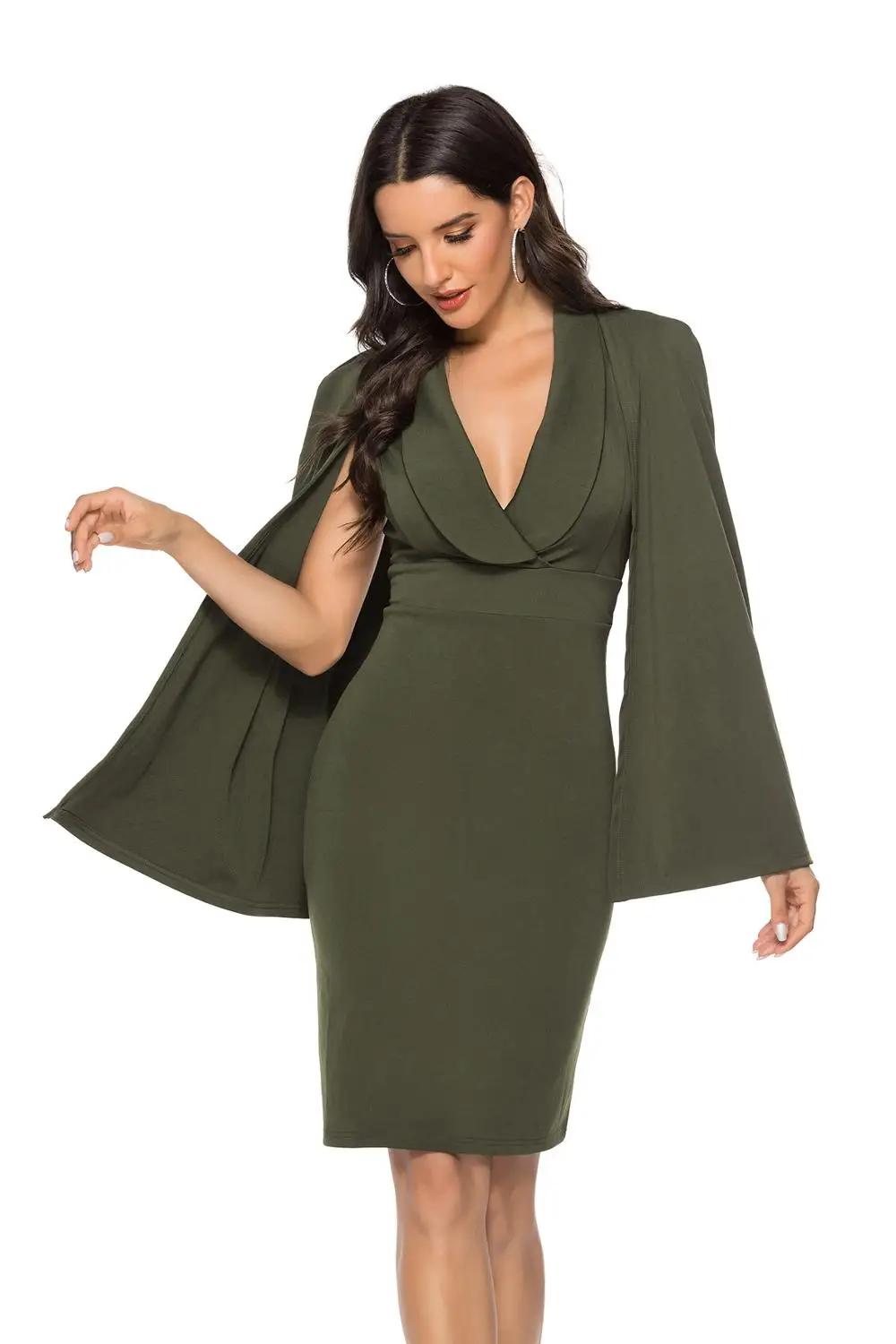 EC. MS накидка рукав Глубокий V образным вырезом шаль с воротником разрезом подол