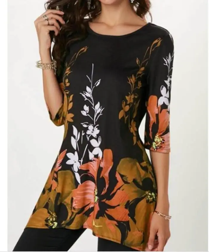 Женские блузки топы с круглым вырезом повседневные винтажные цветочным принтом