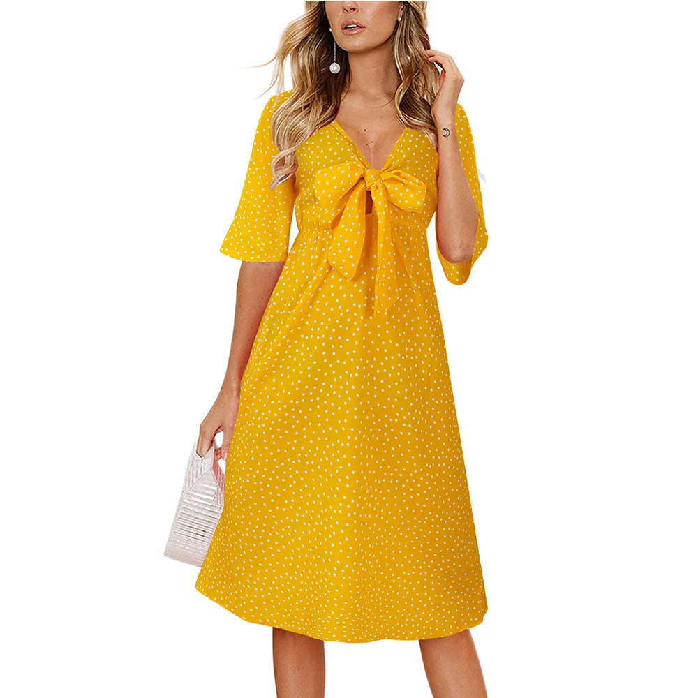 

2021spring new lace up bow mid long skirt with spot printed short sleeve and small fresh dress Free shipping