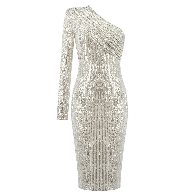 

Free Shipping 2020 Sexy One Shoulder Dress Sparkle Glitzy Sequins Dress Mesh Patchwork Celebrity Christmas Party Vestidos