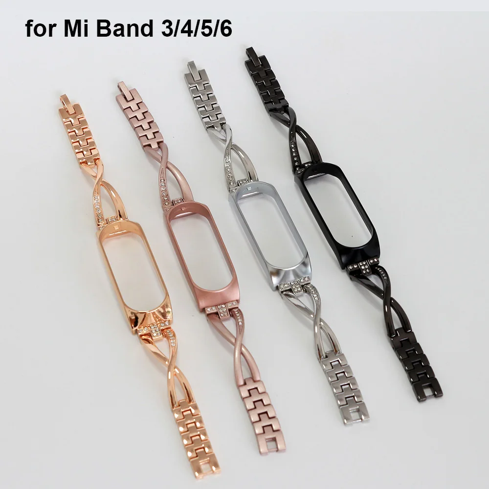 

Stainless Steel Bracelet on Mi Band 4 Watchband for Xiaomi Mi Band 6 5 4 3 Bands Metal Bling Watch Strap Slim for Women