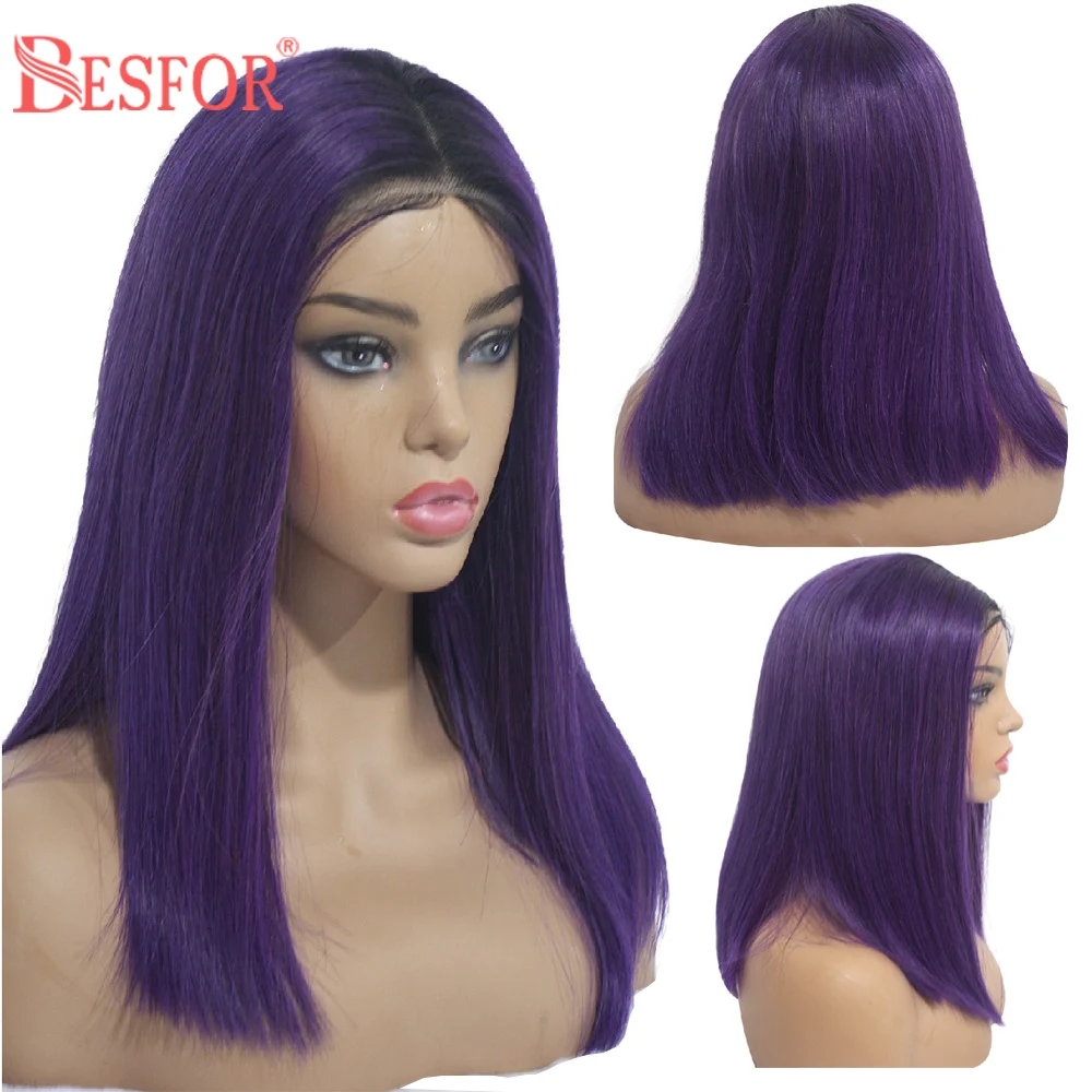 

BESFOR Real Brazilian Virgin Hair 1B-Dark Purple Glueless Medium Bob Wig Straight 13×4 Lace Front Wig Ombre Human Hair Wigs