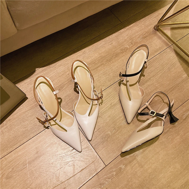 Туфли женские с ремешком на пятке 6 см заостренный носок высокий каблук красивая