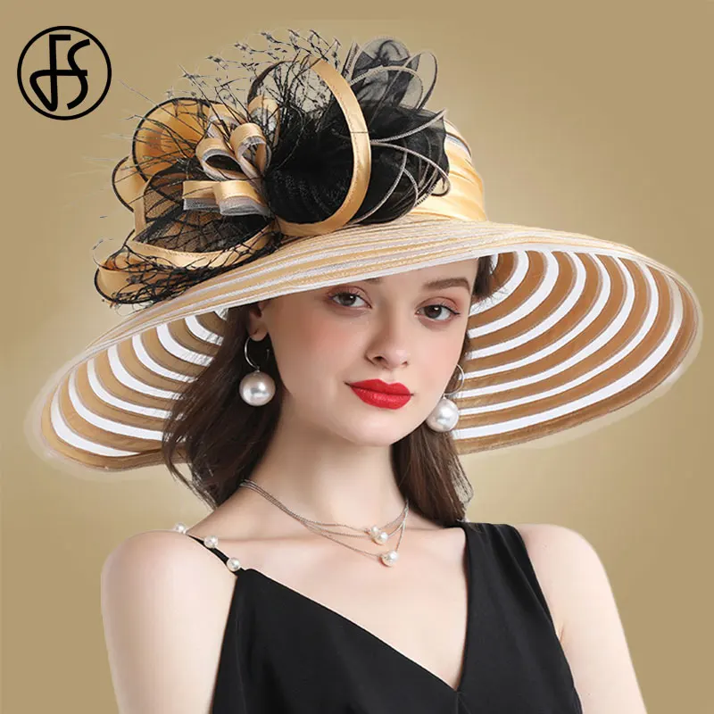 FS Fascinator Organza Hats Big Brim Church Kentucky Derby Hats For Women Ladies Wedding Hat Fedora Large Flower Wide Sun Caps