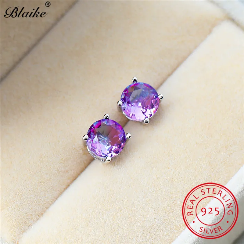 Blue Rose Red Blaike Мистик Радуга Топаз Циркон круглый камень серьги гвоздики для женщин натуральная 925 пробы серебряные серьги свадебные серьги - Цвет камня: Blue Rose Red