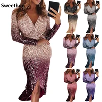females dress glitter gradient v neck long sleeve elegant dresses womens front split club party night robe vestidos