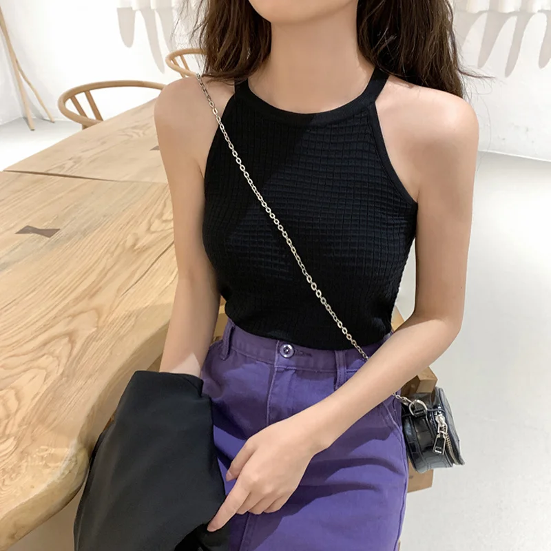 Женский трикотажный жилет на бретелях с французским подвесным воротником |