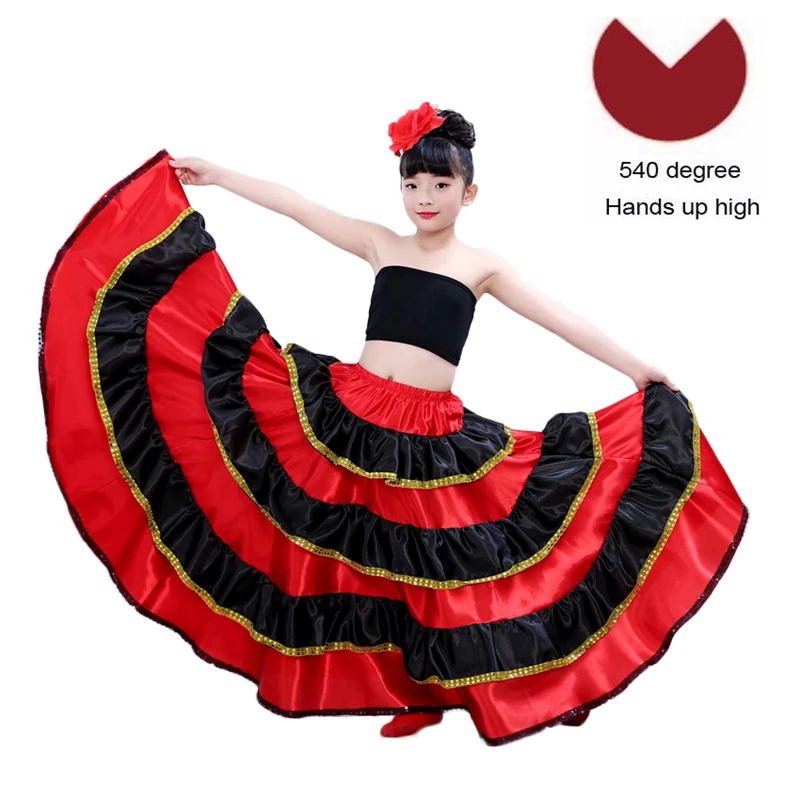 Color3 540degree Испанские танцевальные костюмы для девочек, детская красная юбка для Фламенго, одежда для карнавала, фестиваля, сцены, атласное гладкое платье - Цвет: Color3 540degree