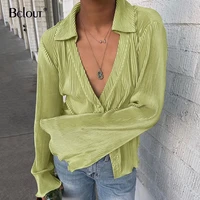 bclout green vintage flare sleeve blouse shirt spring casual single breasted women top autumn oversize turn down collar shirts