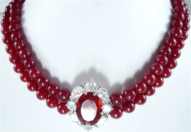 

latest design 2 row 8mm red jade wedding +jade/zircon pendant short necklace for wedding and party