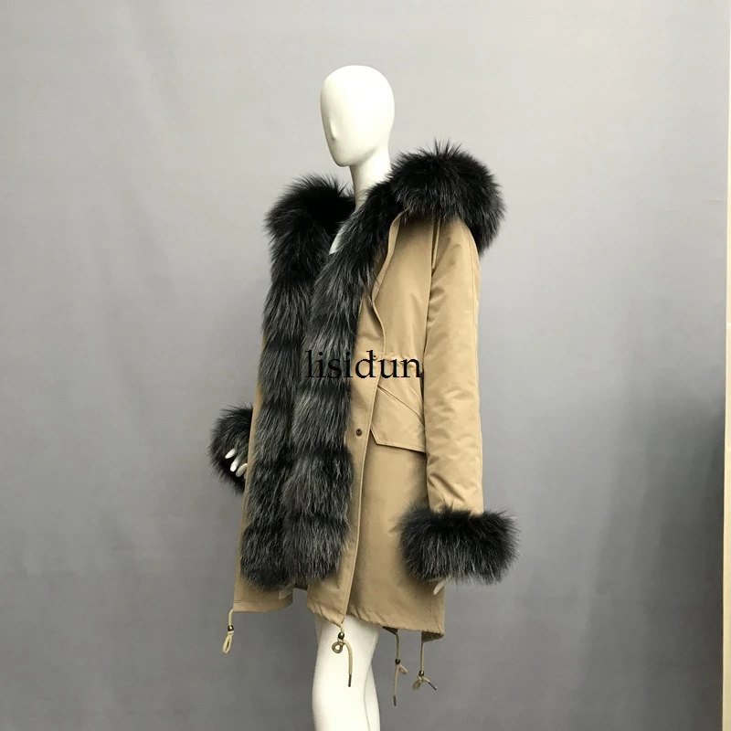 

LISIDUN 2019 Real Fur Parka Women Winter Jacket Nature Sliver Fox Fur Hooded Coats Real Rabbit Fur Lining Jacket Female Fur Coat