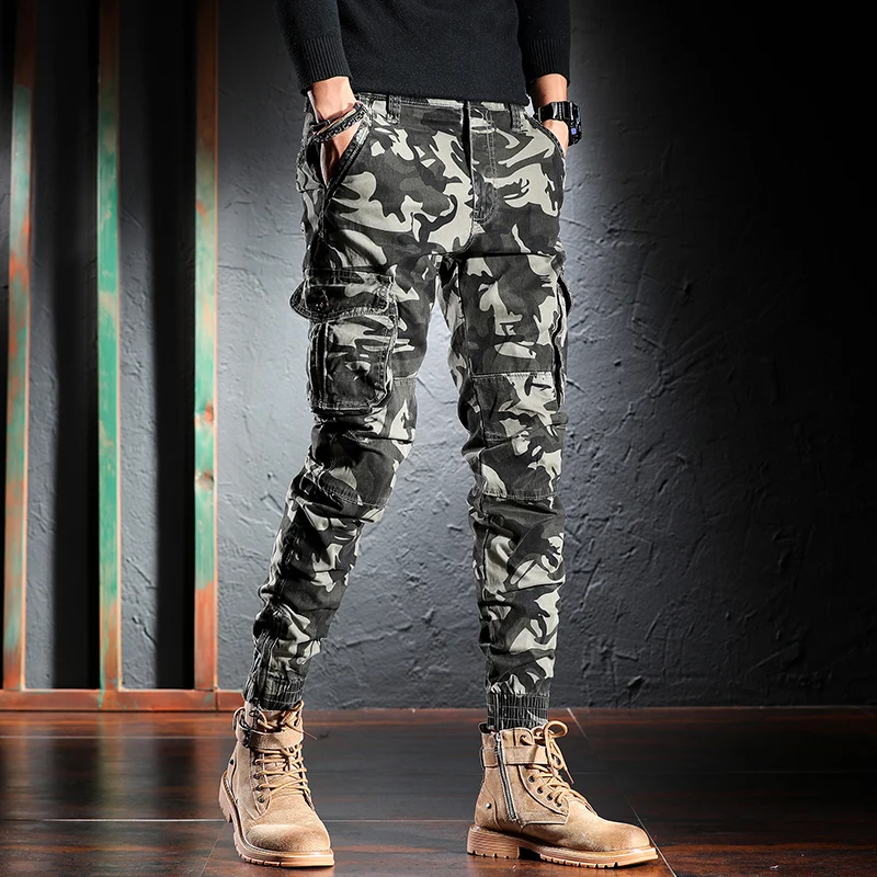 

Korean Style Fashion Men Jeans Loose Fit Multi Pockets Casual Cargo Pants Hombre Streetwear Camouflage Hip Hop Joggers Trousers