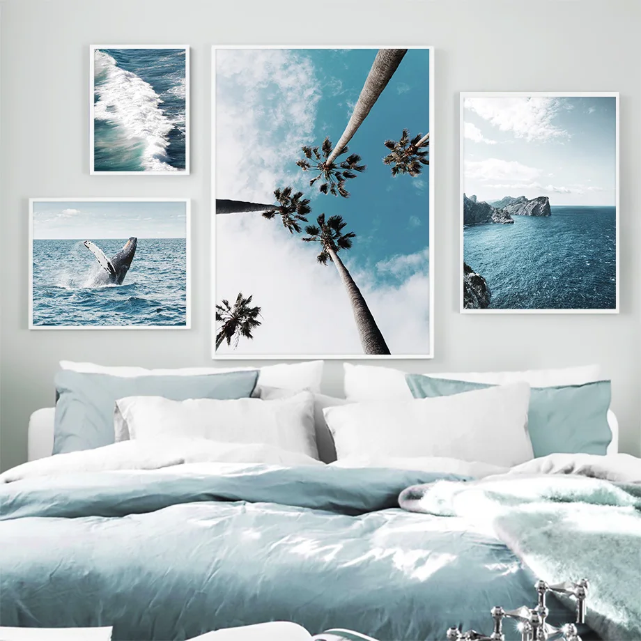 

Scandinavia Seascape Poster Whale Palm Tree Nordic Canvas Painting Vacation Wall Art Picture for Bedroom Living Room Decor